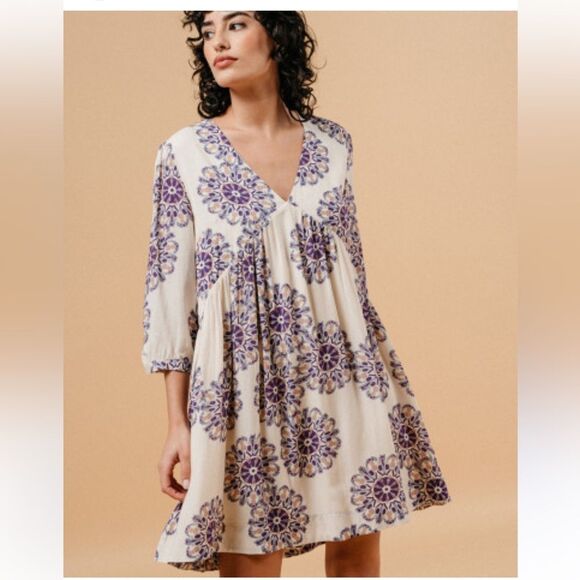 Grace & Mila Malia Boho 3/4 Sleeve Floral Cream and Purple Dress Size Small - Picture 11 of 13